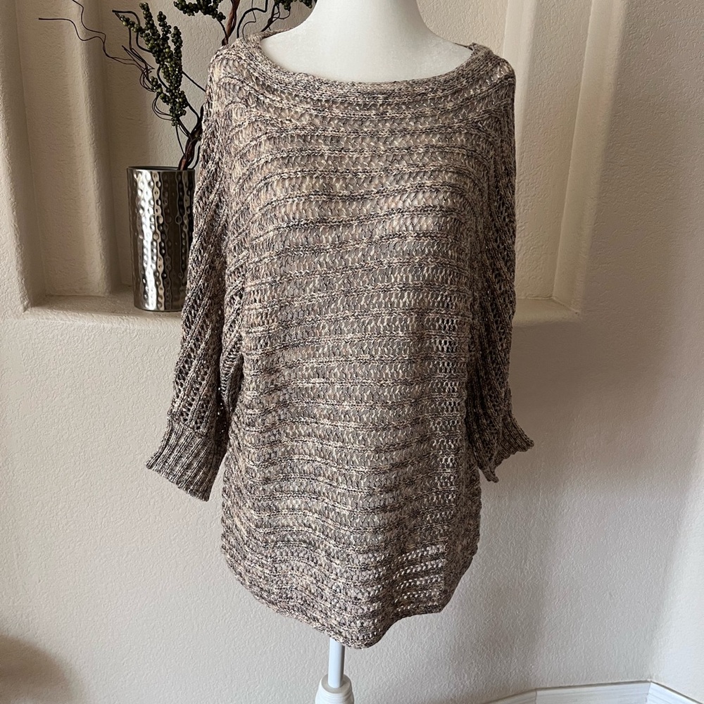 Tribal Sweater Womens L Beige Like New Open Knit Metallic Boat Neck Dolman